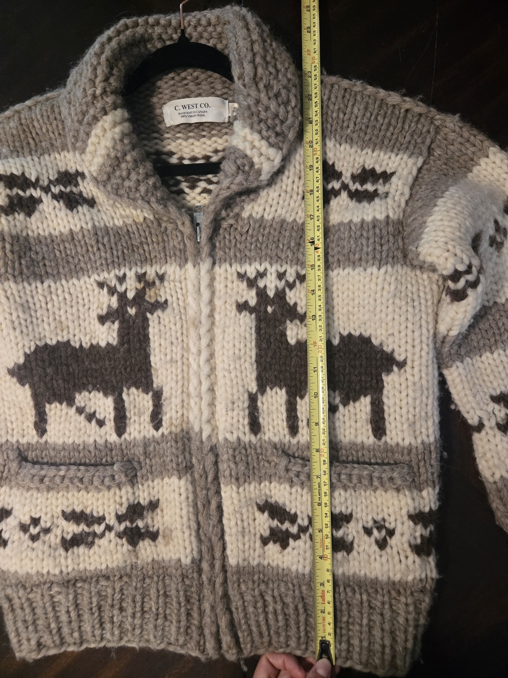 Women's Tan & Cream Zip-Up Canada Reindeer 100% Wool Sweater Size XS - Picture 6 of 8
